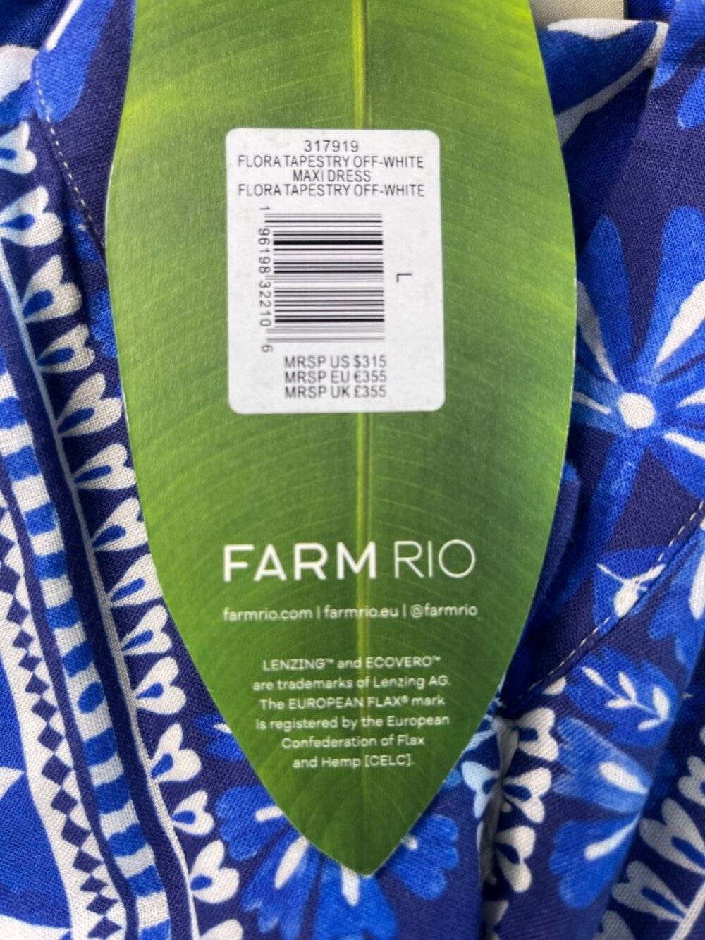 Farm Rio Flora Tapestry Off-White & Blue Maxi Dress SZ L Coastal Chic NWT - Picture 6 of 15